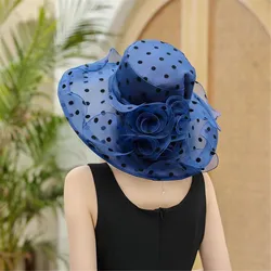 1Pc Women Summer Organza Wide Brim Bucket Hat Sweet Elegant Polka Dots Sunscreen Sun Hat Lady Church Wedding Foldable Panama Cap