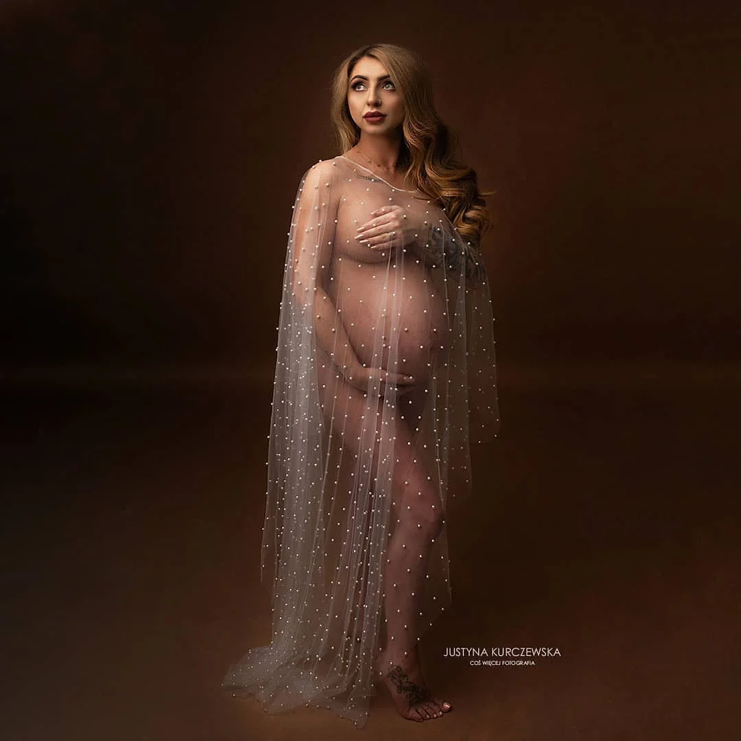 Sexy Tulle Pearl Maternity Photography Props Dresses for Women Dress Pregnancy Photo Shoot Baby Showers Pregnancy Maxi Gown Long