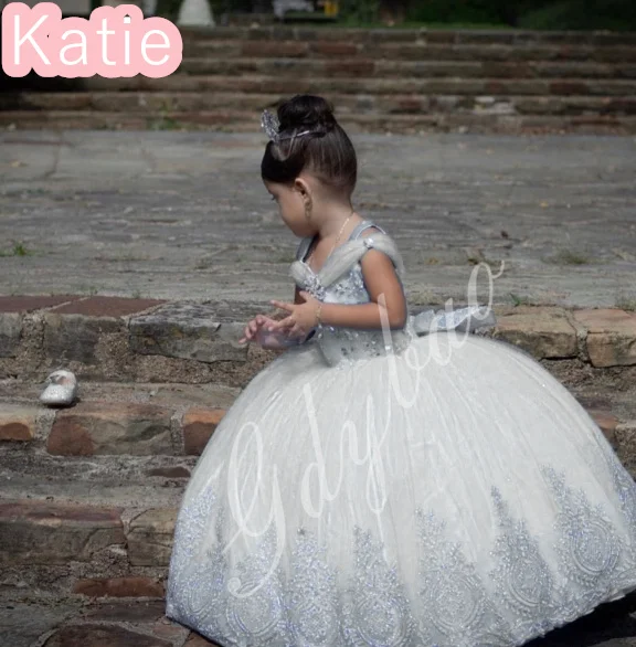 Vestido de princesa de flores blancas para niña, vestido de boda de encaje de tul con cuentas hinchadas, fiesta de cumpleaños para niños, vestido de baile de primera comunión