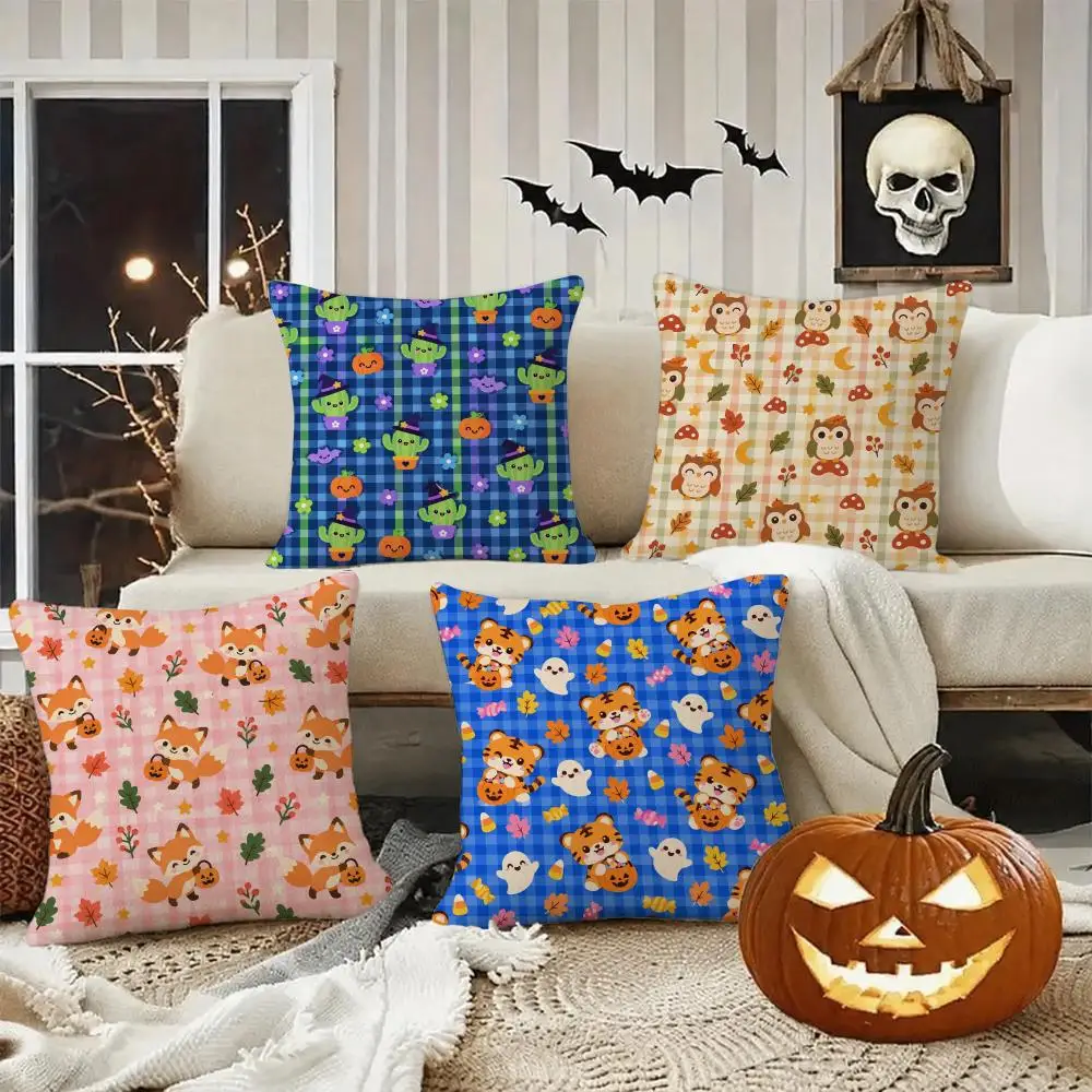 Cute Halloween Pet Cushion Cushion Cover Halloween Rustic Throw Pillow Covers, Cute Ghost Pumpkin Maple Leaf Cushion Covers