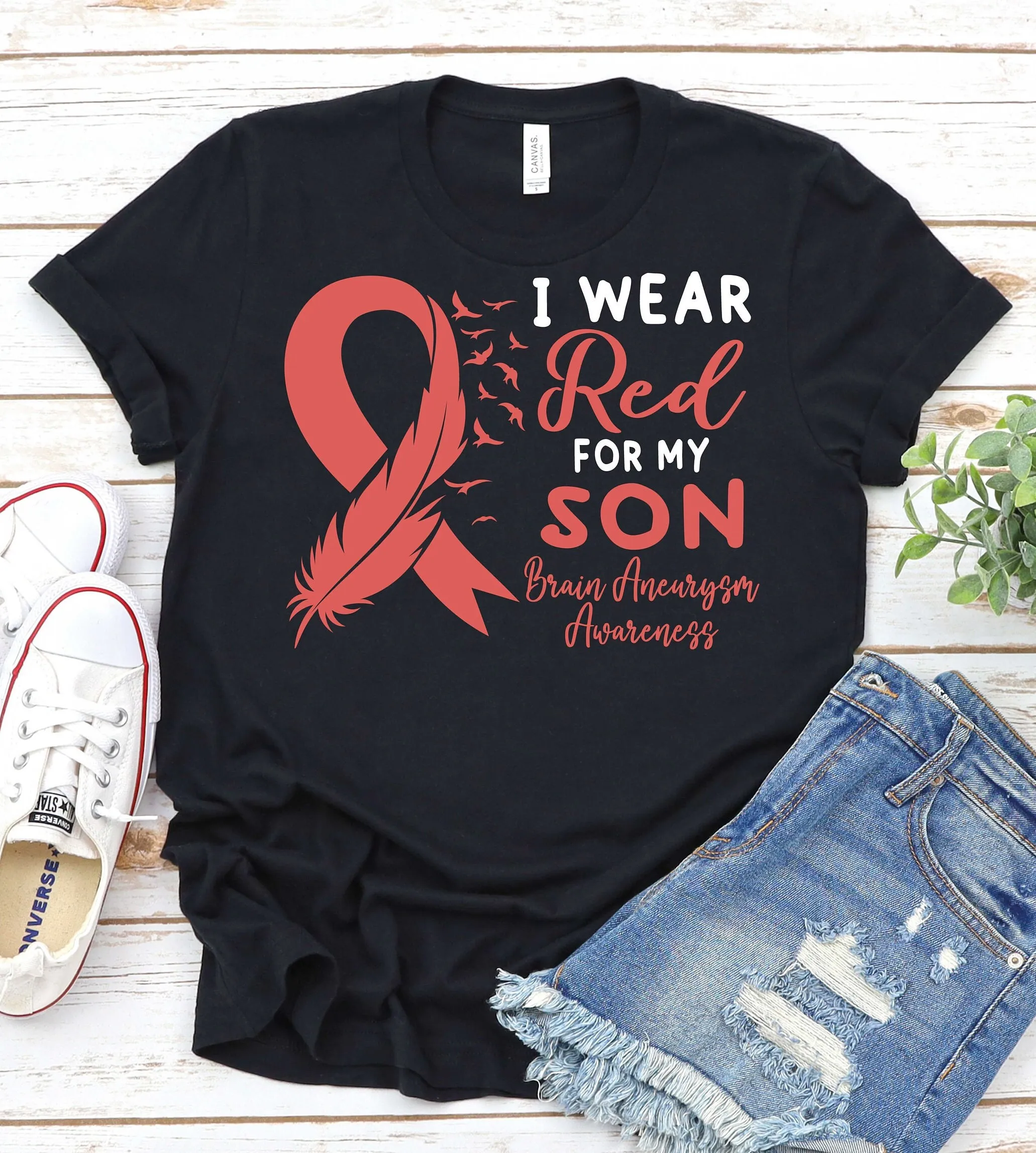 Brain Aneurysm Awareness T Shirt Red Ribbon Rupture Support Son Cerebral