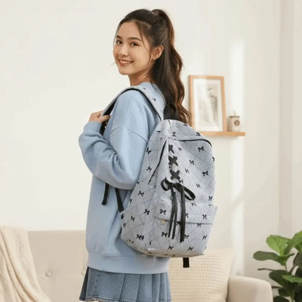 

Daypack Corduroy Bow Backpack Silk Design Contrast Color Students School Bag Durable Fixed Webbing Large Capacity Backpack Sport