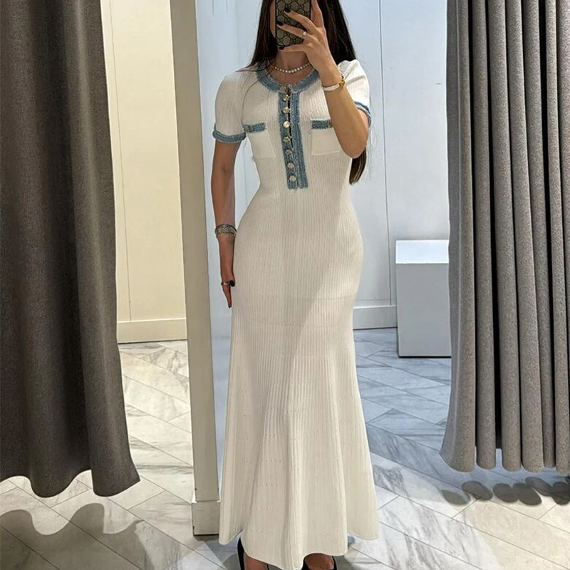 YuooMuoo Brand Fashion Denim Patchwork O-neck  Single Breasted Knit Maxi Dress Elegant Pockets Long Shirt Dress Vacation Robes