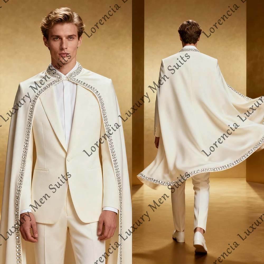 

Unique Design Diamond Suits for Men 2 Piece Groom Outfits Wedding Tuxedos with Cloak Customized Blazer Pants robe mariage femme