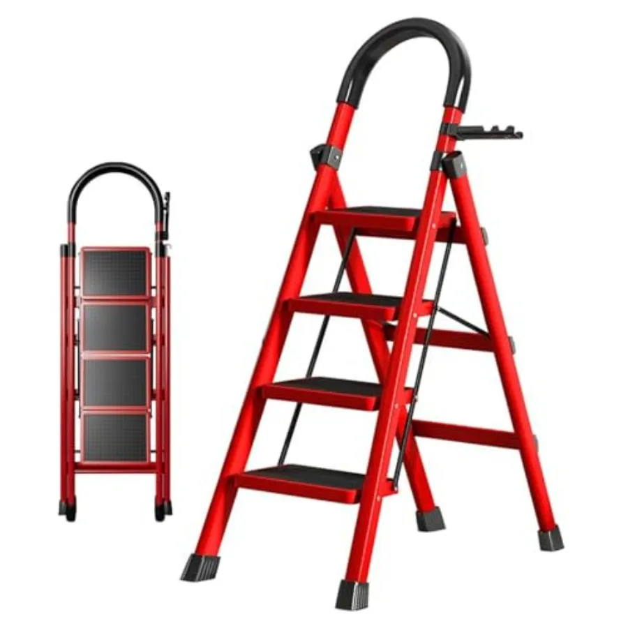 

Red 4-Step Carbon Steel Ladder Household Folding Step Stool Easy to Carry and Store Anti-Slip for Kitchen Garage Bedroom