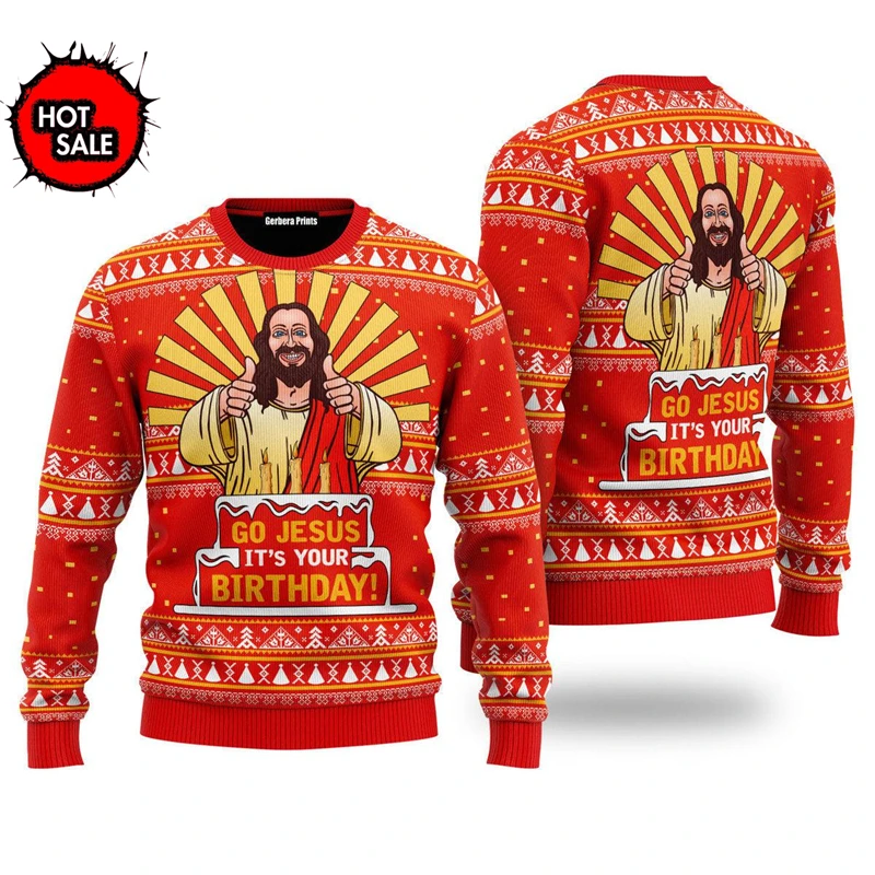 Men Women Holiday Party Xmas Sweatshirts Happy Birthday Jesus Ugly Sweater 3D Funny Printed Ugly Christmas Sweaters Jumpers Tops