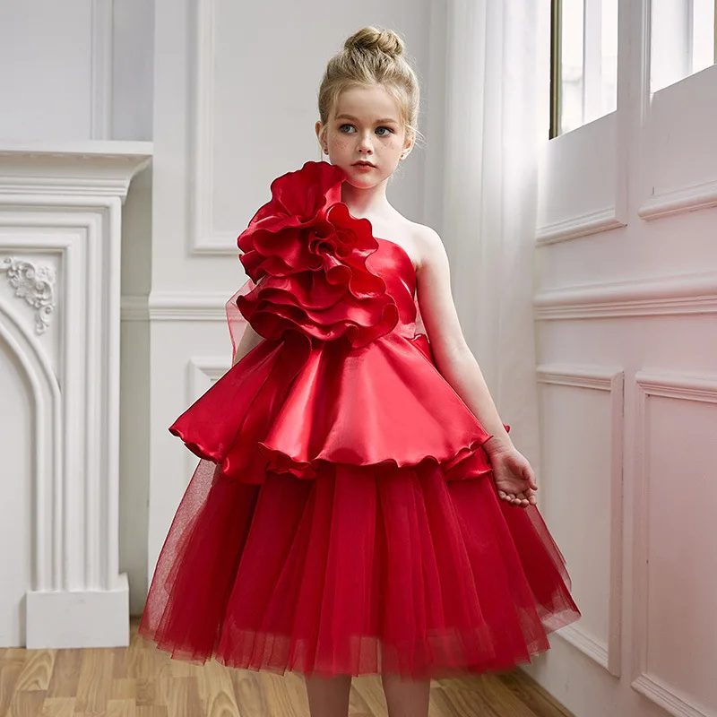 

Girls Party Dresses Elegant Red Princess Dress One-shoulder Wedding Dress New Year Dress For Girls Christmas Carnival Costume