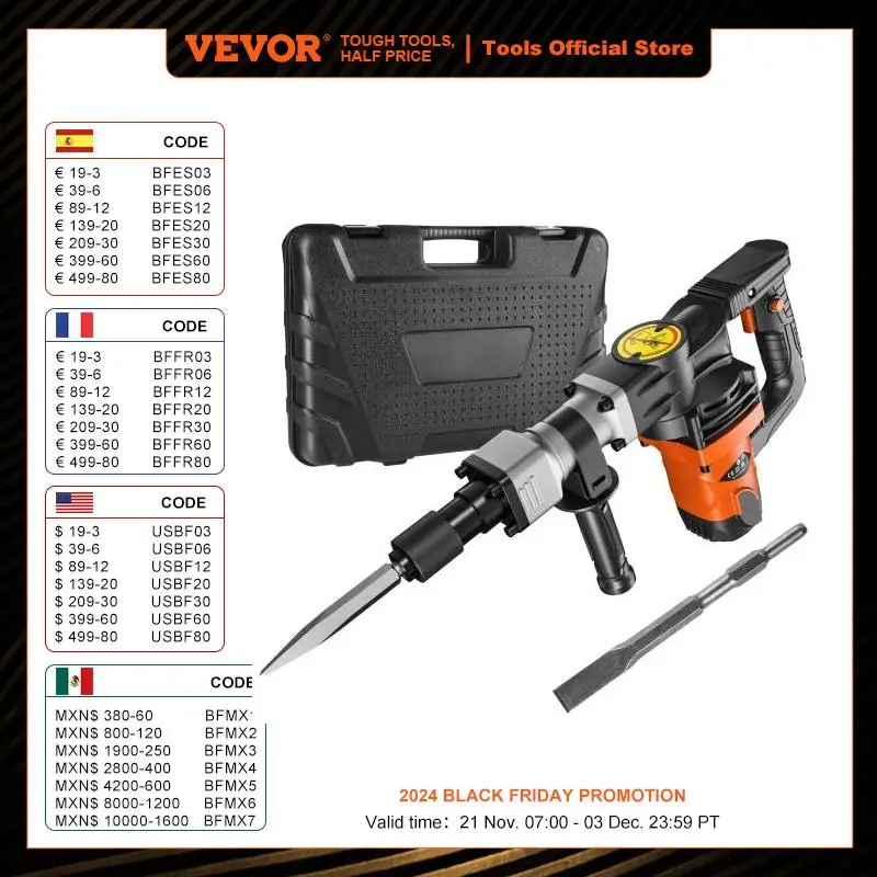 VEVOR 1400W Demolition Jack Hammer Electric Jackhammer Heavy Duty 2900 BPM Concrete Breaker 2pcs Chisels Bits Chipping