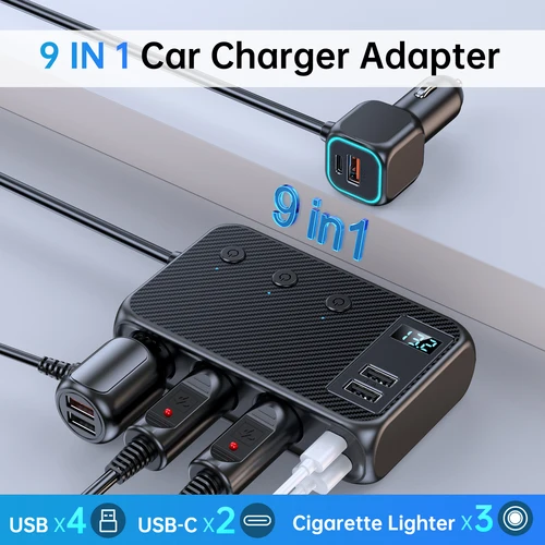 Imagen 2 del producto Adaptador de cargador de coche de 171W, divisor de encendedor de cigarrillos 9 en 1, interruptores independientes PD30W/QC 3,0, salida de cigarrillo de 12V/24V CC