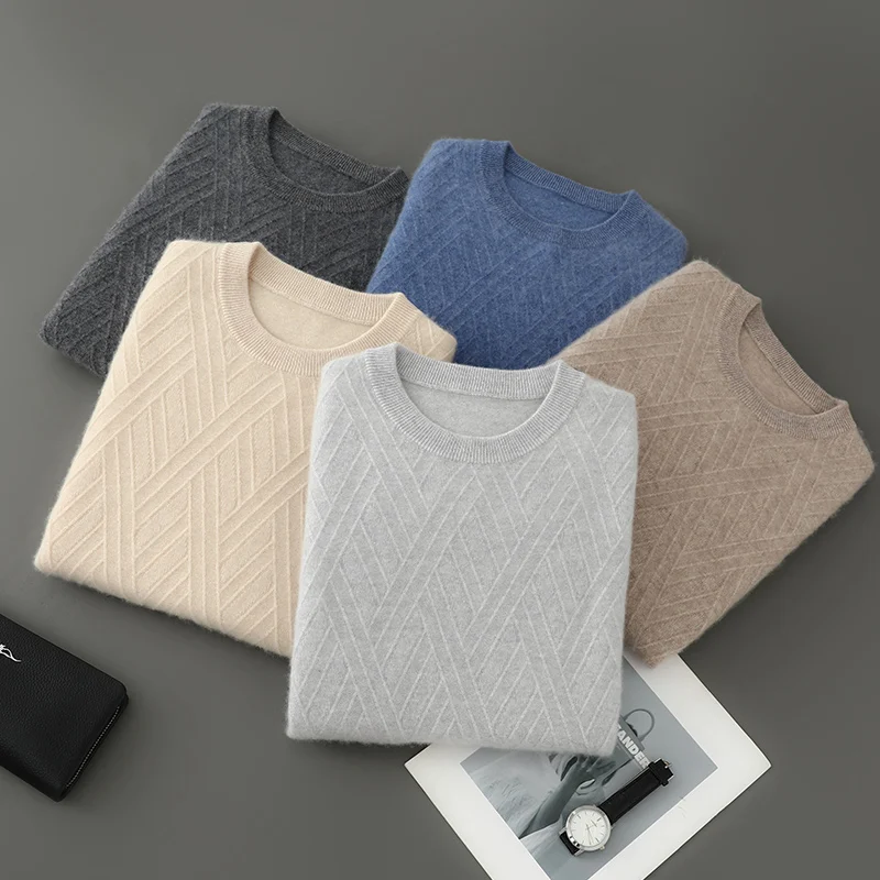 100% 메리노 울 스웨터 남성용 라운드 넥 니트 후디 2025 가을/겨울 신상 캐시미어 유사 스웨터 다용도 기본 남성복