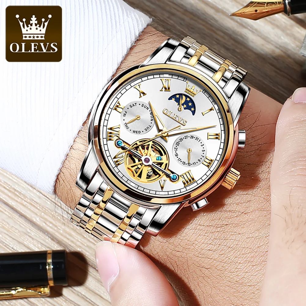 OLEVS Original Automatic Mechanical Watch for Men Luxury TOP Brand Waterproof Luminous Moon Phase Tourbillon Wristwatch Male