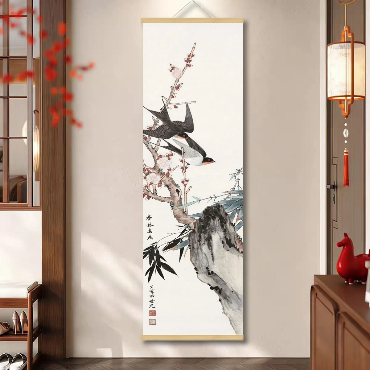 Traditional Chinese flower, swallow, and bamboo hanging paintings, elegant decoration in tea rooms and living rooms