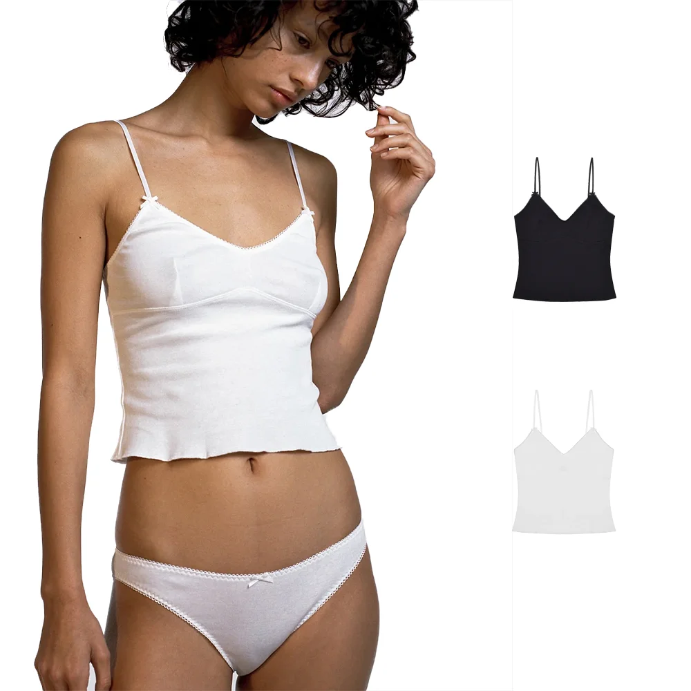 Cou French-Style Lace Camisole with Bow, V-Neck Short Crop Top, Slim-Fit Undershirt, Short Slim-Fit Camisole, Lace-Trimmed Bow Camisole
