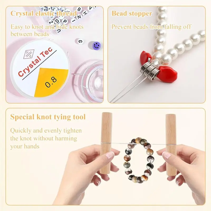 A26F-Bead Knotting Tool For Jewelry Making 4Pcs Spring Clamps Bead Stopper , 2Pcs Wood Knot Grippers Tool 4Pcs Elastic Thread