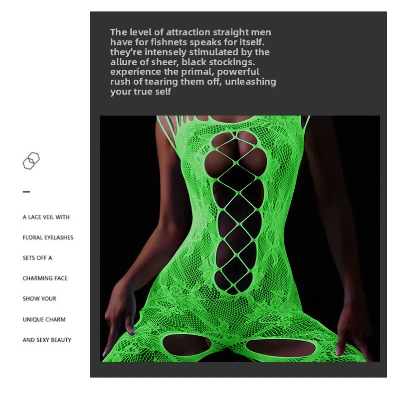 Bodystocking Plus Size Glow In The Dark, Lingerie Jaring Ikan yang Dapat Dilepas, Bahan Mesh Transparan, Berlubang, Pakaian Tidur Sensual