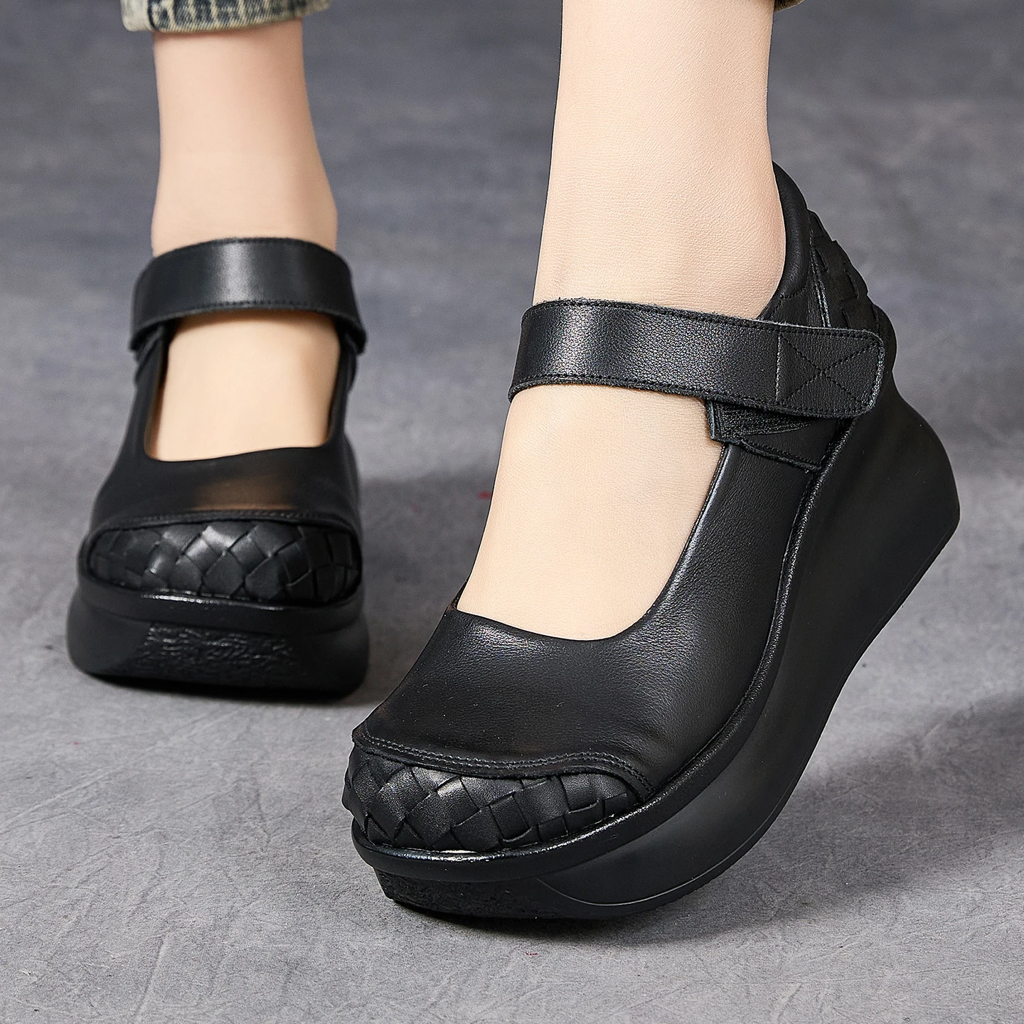 Birkuir Retro Mary Jane Wedges Shoes For Women 7cm Thick Heel Hook Loop Hollow Out Weave Shoes Genuine Leather Casual Shoes
