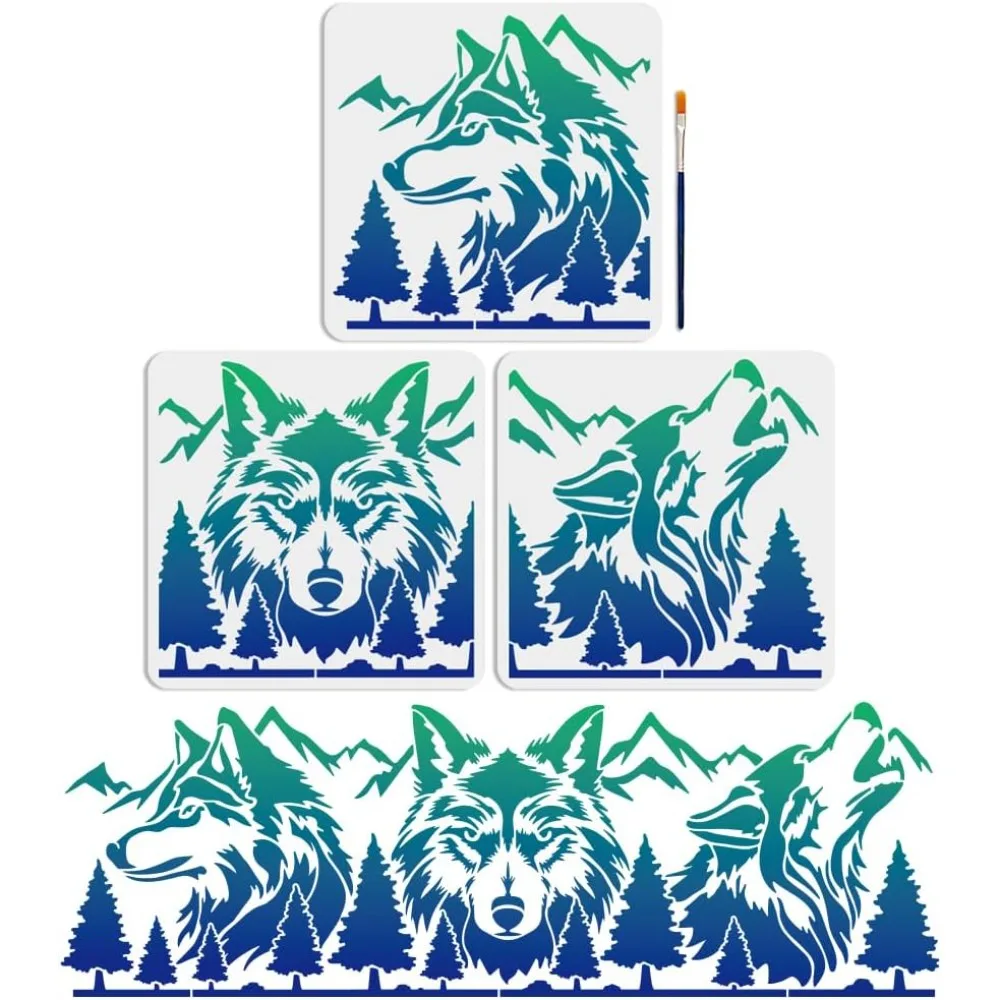 

Wolf Mountain Forest Stencils 33x10 inch 3 Piece Set with Paint Brush Drawing Template for Wall Craft
