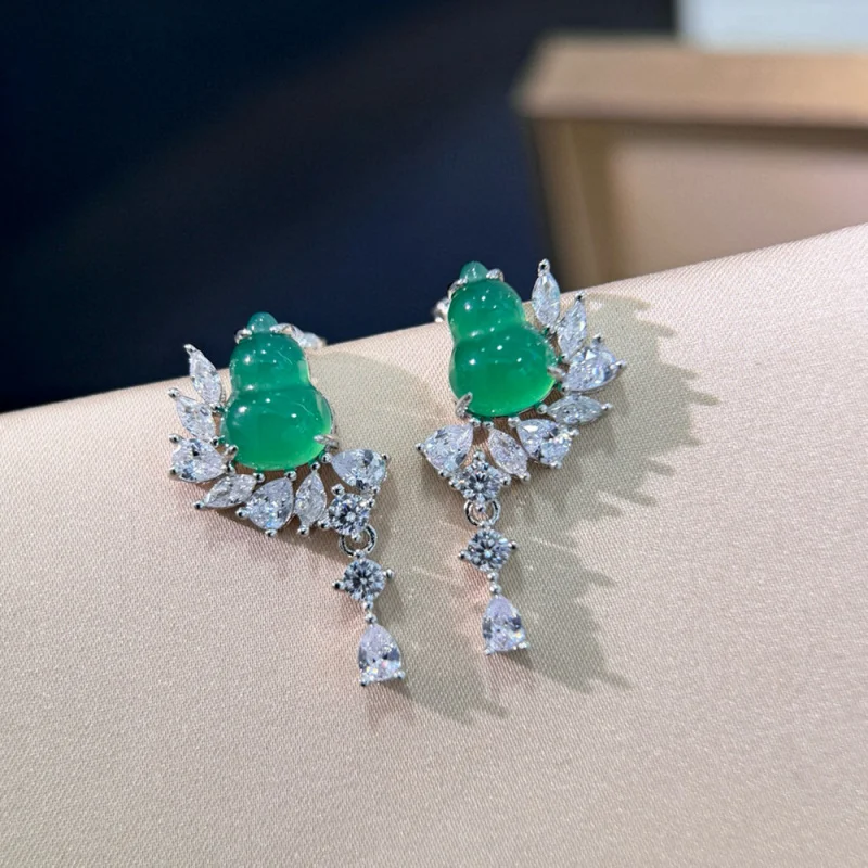 S925Sterling Silver New Chinese Style Natural Green Chalcedony Icy Jadeite Emerald Light Luxury Water Drop Gourd Earrings