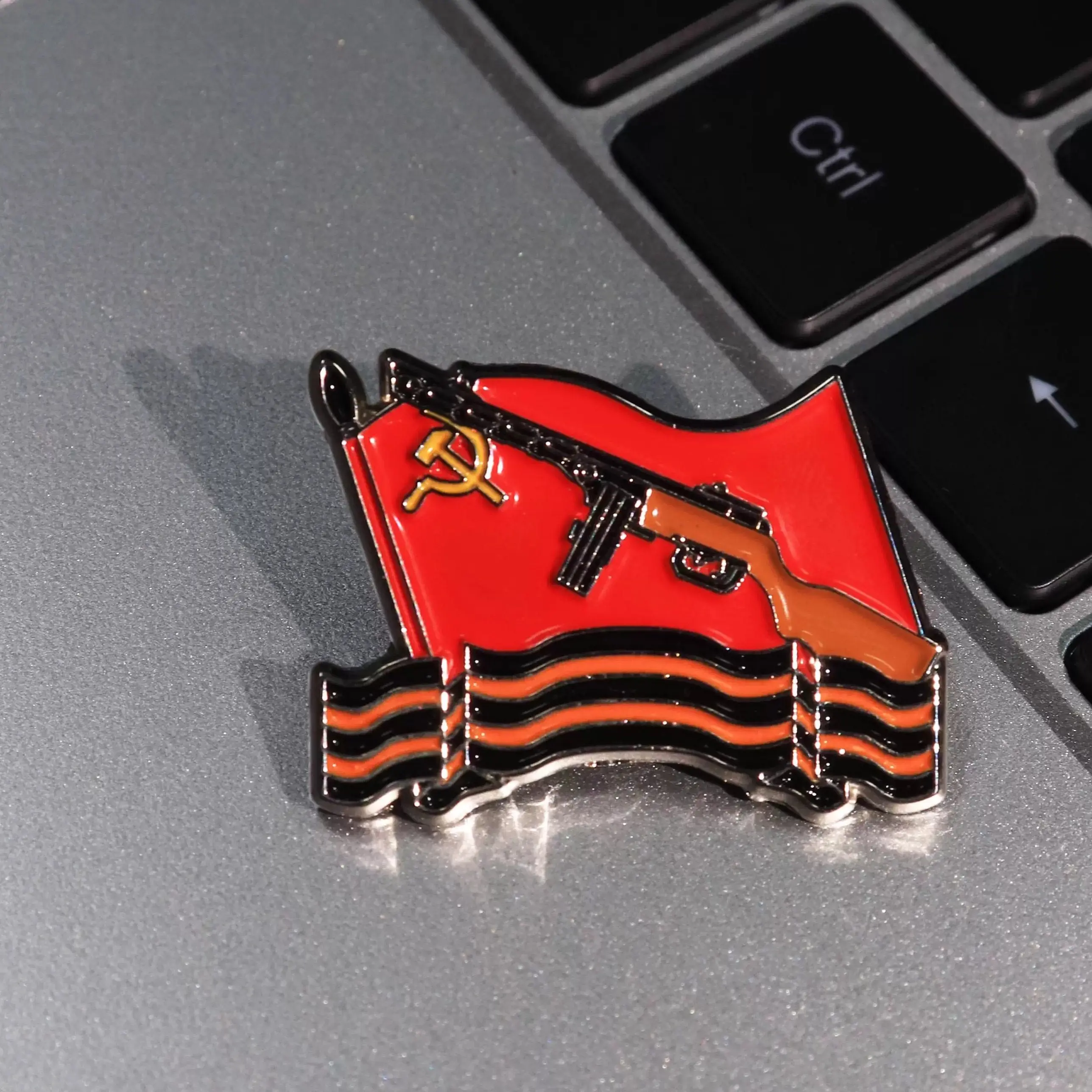 Soviet Red Flag Rifle Commemorative Badge Sickle and Hammer Elements Vintage Brooch Collectible Accessory Military Pin