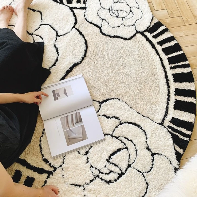 

French cream camellia flocked cool carpet bedroom living room thickened encryption special-shaped bedside blanket