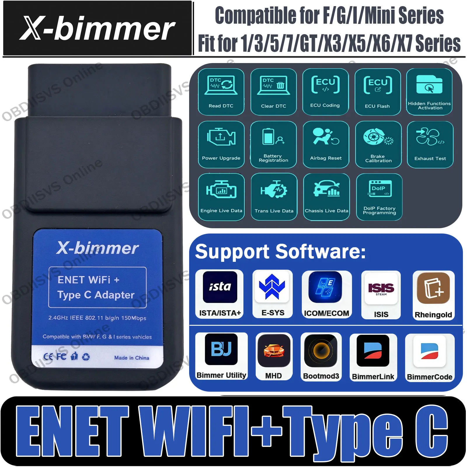 ENET WiFi Adapter For BMW F/G/I/Mini Series DoIP OBD2 Diagnostic Read/Clear Fault Code For MHD/BimmerCode/BimmerLink/Xdelete