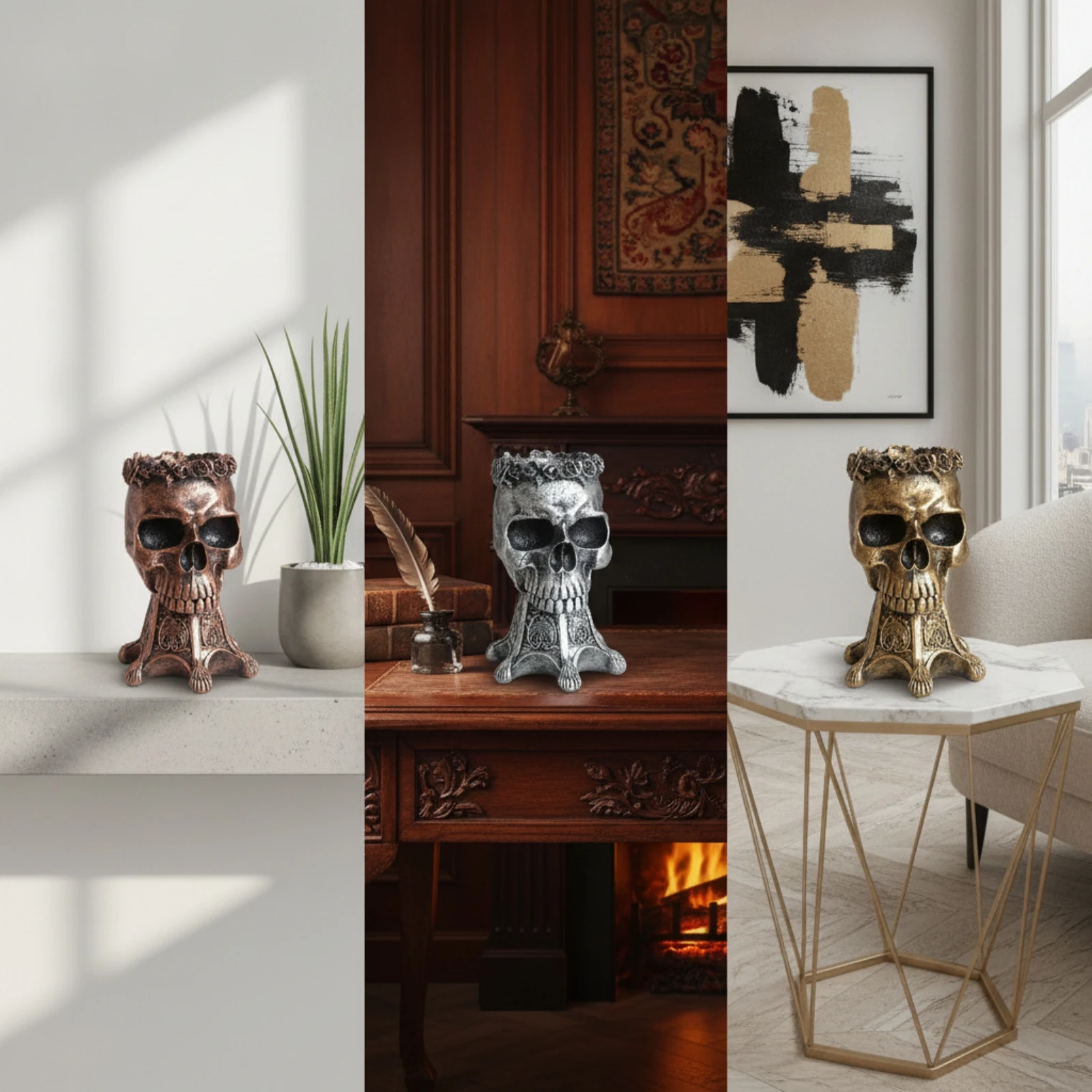 Skull Planter Decorative Skull Pot Planter with Pedestal Tabletop Vessel Horror for Goths, Desk, Shelf