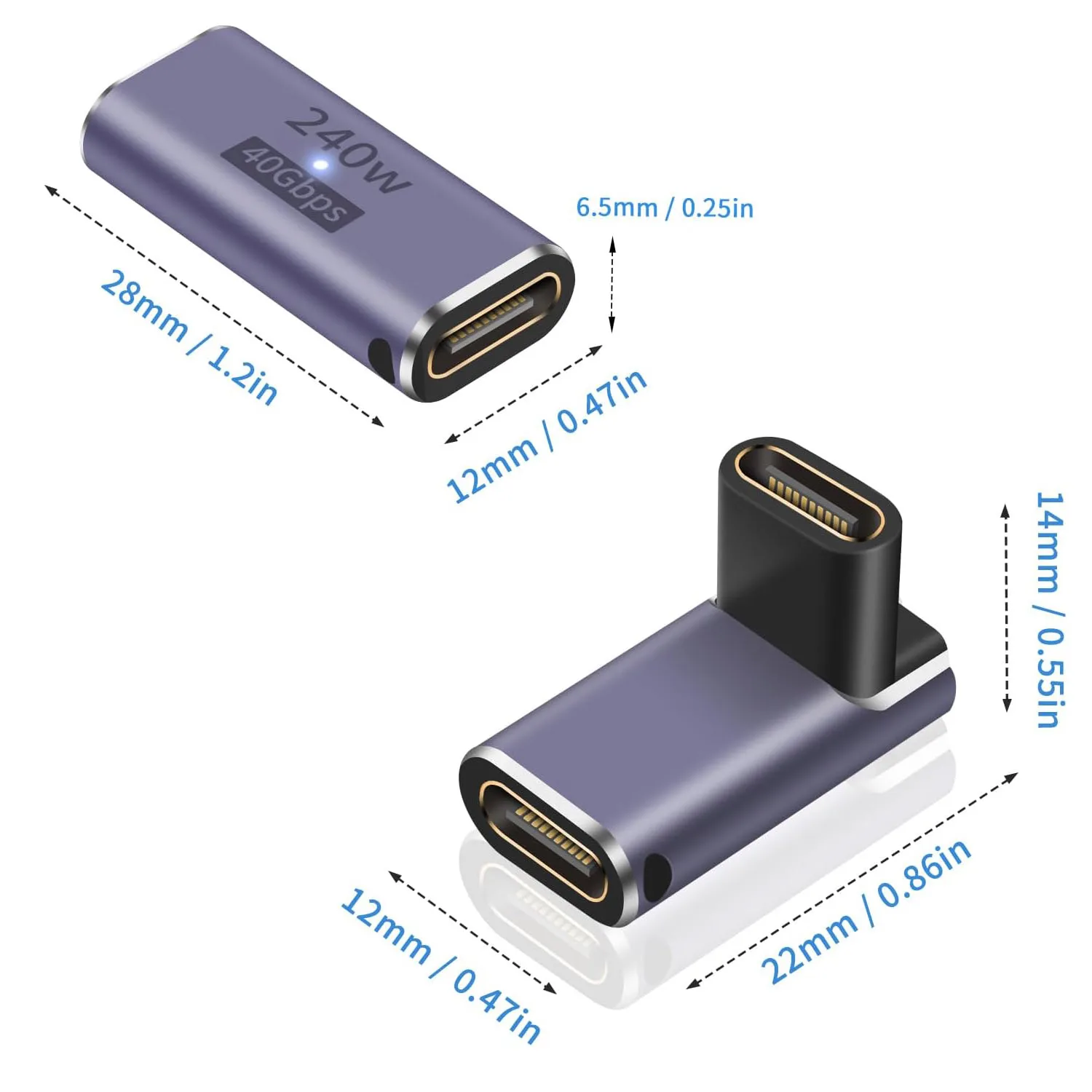 2pcs 240W USB C 4.0 Female to Female 90 Degree Angle Coupler Extender Adapter Connector 40Gbps Fast Charging 8K Video Output