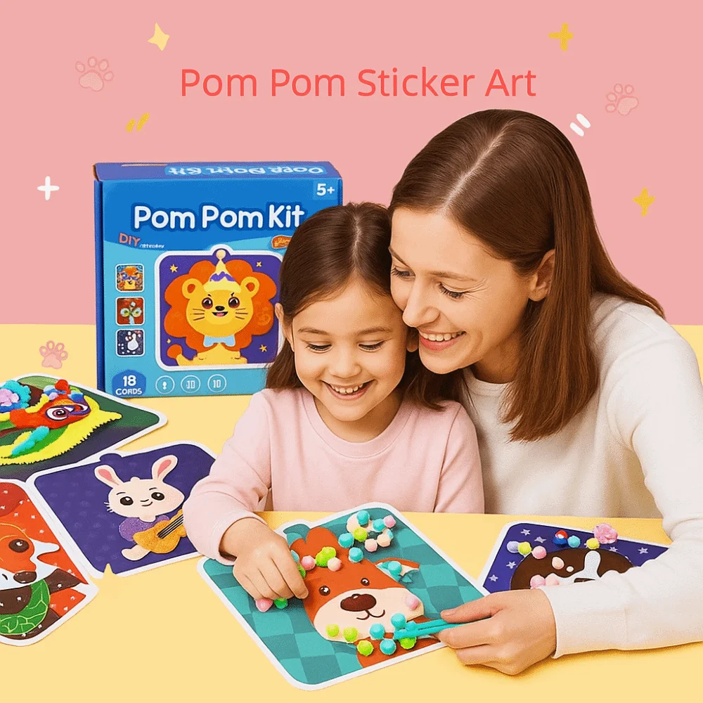 Handmade Material Children's Sticker Book Educational Early Learning Animal Pompom Art Kit Cartoon Montessori Pompom Crafts Toy