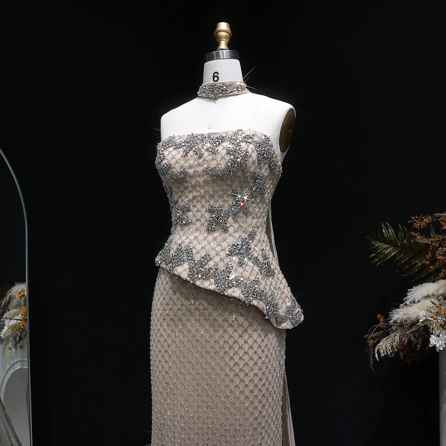 Sharon Said Dubai Champagner Zweiteiliges Trägerloses Abendkleid mit Schweren Pailletten und Perlen, Arabisches Damen-Abendkleid SS394 Maßanfertigung – Detail 6