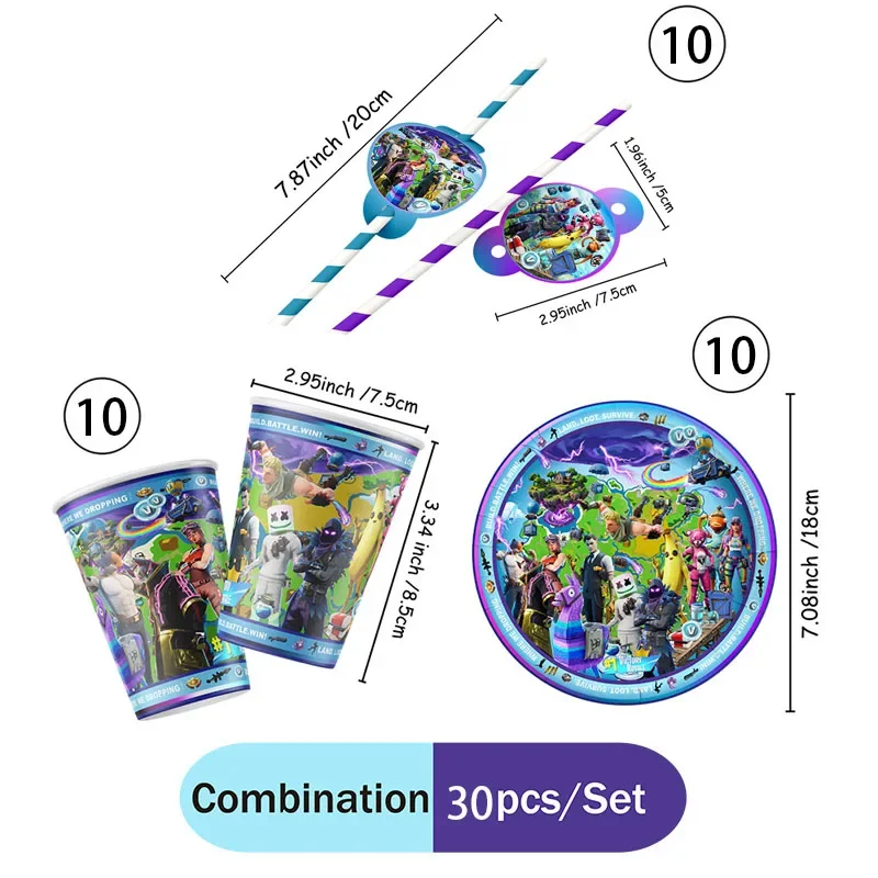 Fortnite Einweg-Partydekorationsset: Teller, Becher, Strohhalme, Kombination für Feier-Tischdekoration, Spielthemen-Geburtstags-Tischzubehör – Detail 12