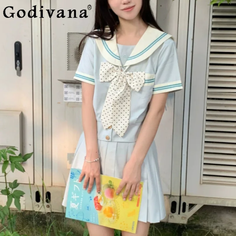 Summer Japanese Sweet Girl College Jk Short Sleeve Navy Collar Shirt High Waist A-line Versatile Age-reducing Pleated Skirt Sets