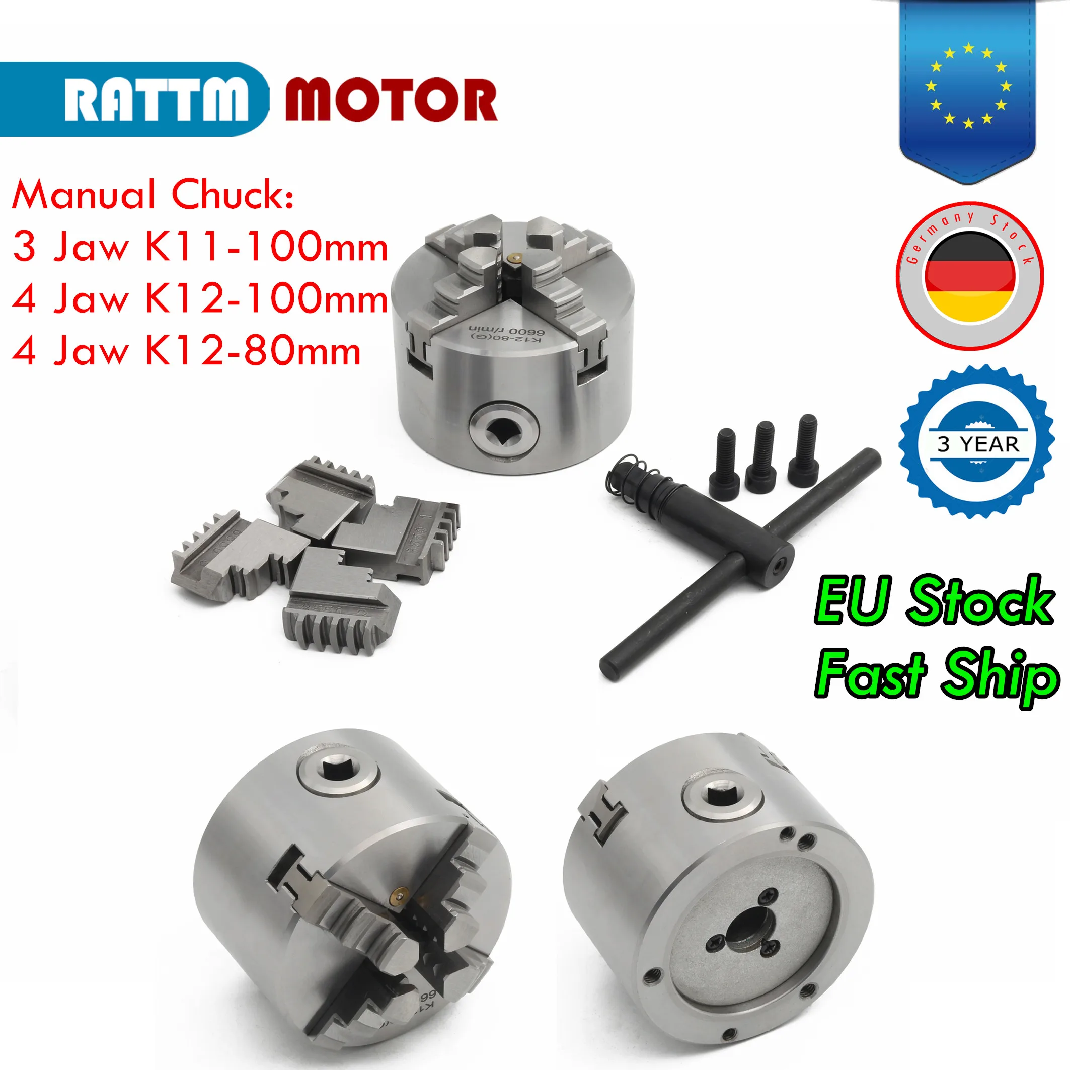 『EU Stock』RATTM MOTOR 3 Jaw 4 Jaw K12-100mm K11-80mm K11-100mm Manual Chuck Self-Centering Chuck CNC Machine Tool Lathe Chuck