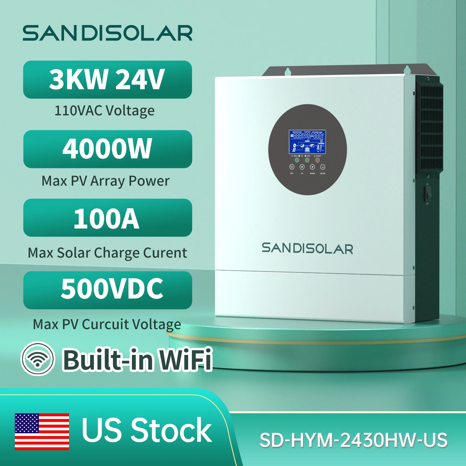Sandisolar SD-HYM-2430HW-US 3kW 24V Hybrid Solar Inverter for RV Off Grid Home Backup 4000W Max PV Input 500VDC 100A Solar Charge 80A AC Charge 110V 120V Pure Sine Wave Output Built in WiFi RS485 Dry Contact