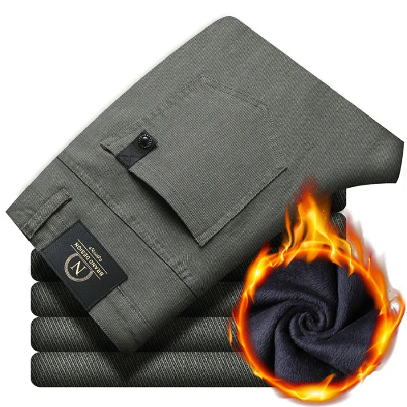 2026 Winter New Men's Warm Slim Fit Business Casual Fashion Thicken Trousers Fleece Stretch Brand Pants Black Grey Army Green