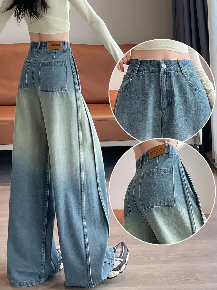 

Fashion Gradual Color Change Splicing Wide Leg Jeans Women 2025 Autumn New Loose Lazy Style Big Foot Versatile Pants