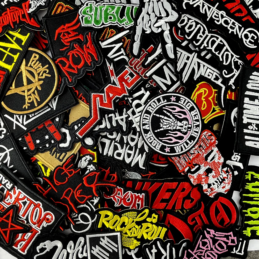 100Pcs Random Mix Band Iron on Patches for Clothing Decoration Embroidery Decorative Applique Supplies Patch Cloth Fabric Rock