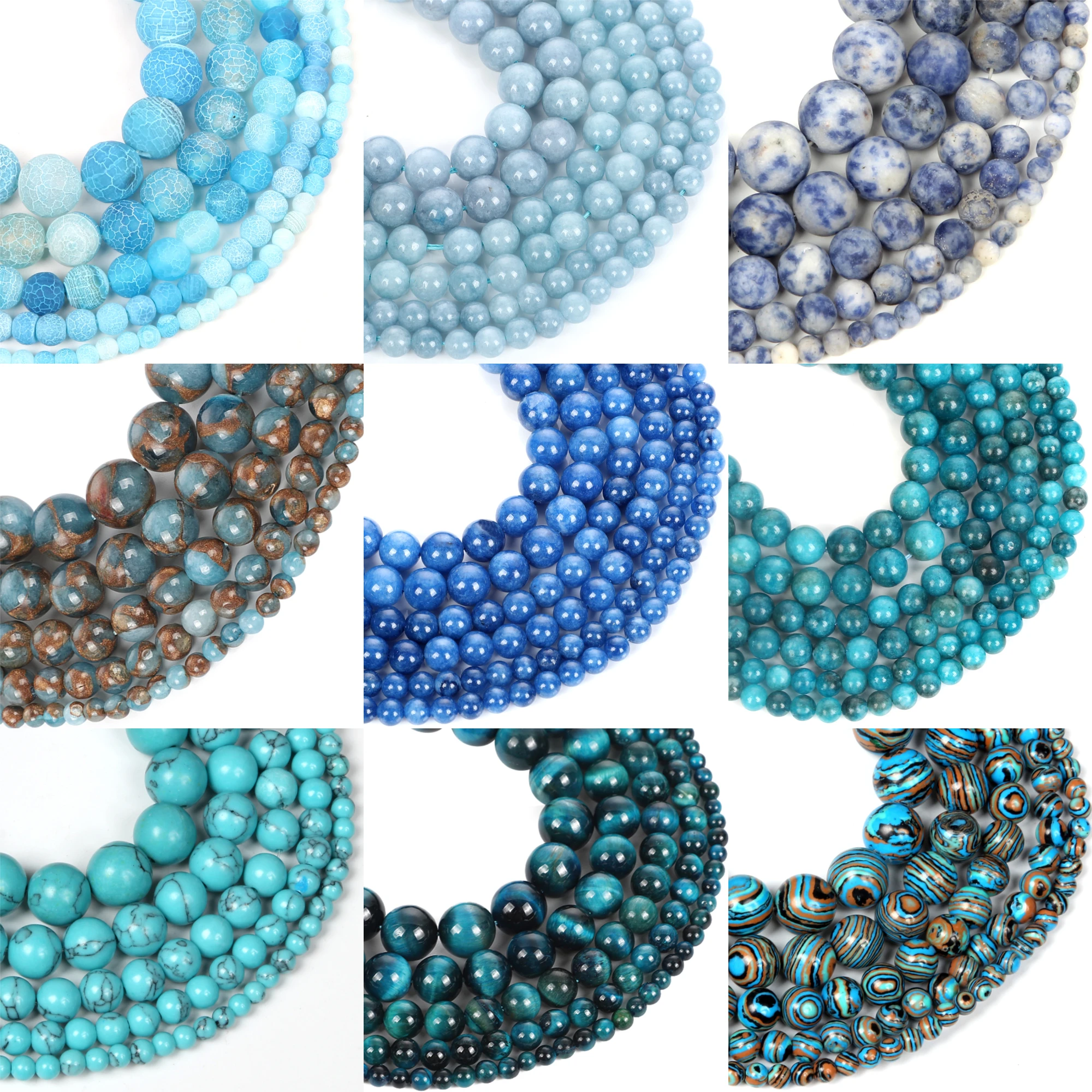 Blue Natural Stone Beads Aquamarine Agate Jades Hematite Loose Spacer Beads for Jewelry Making DIY Bracelet Necklace Accessories