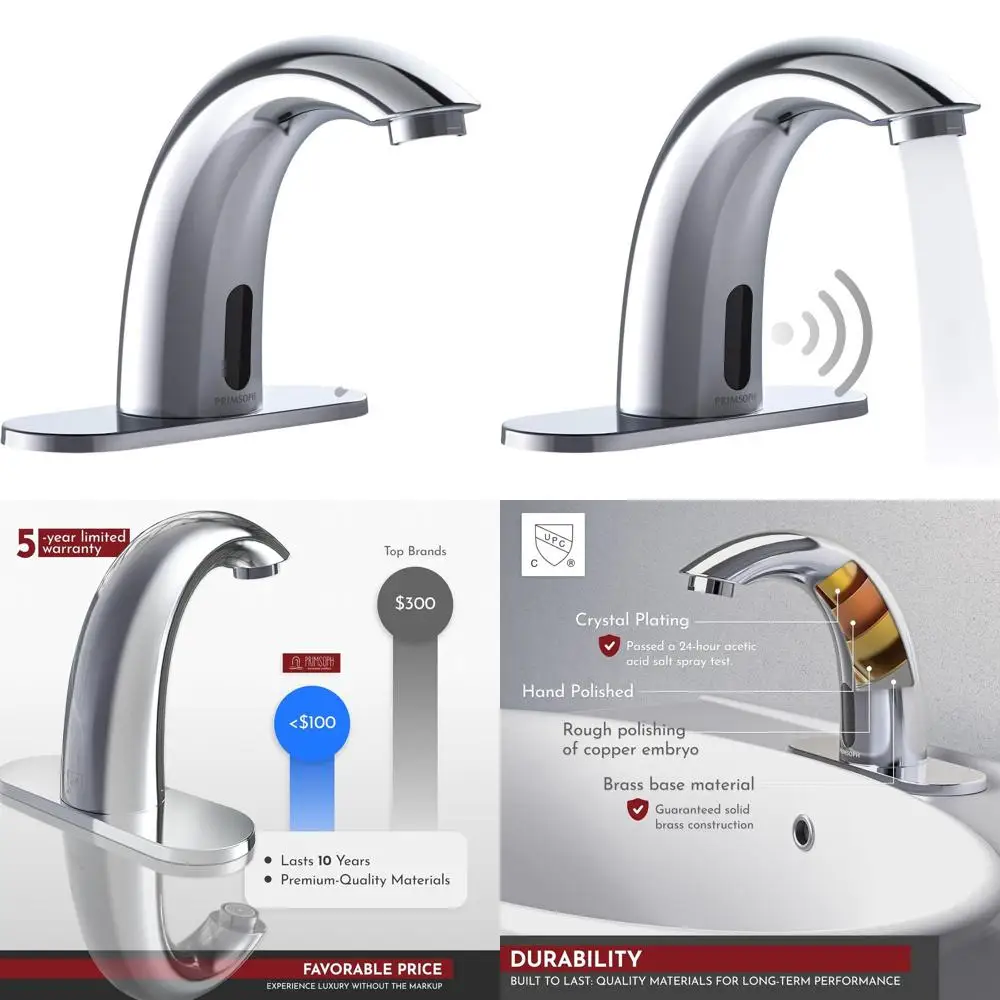 

Battery-Powered Touchless Infrared Smart Faucet for Commercial Bathrooms with Chrome Finish and Temperature Control