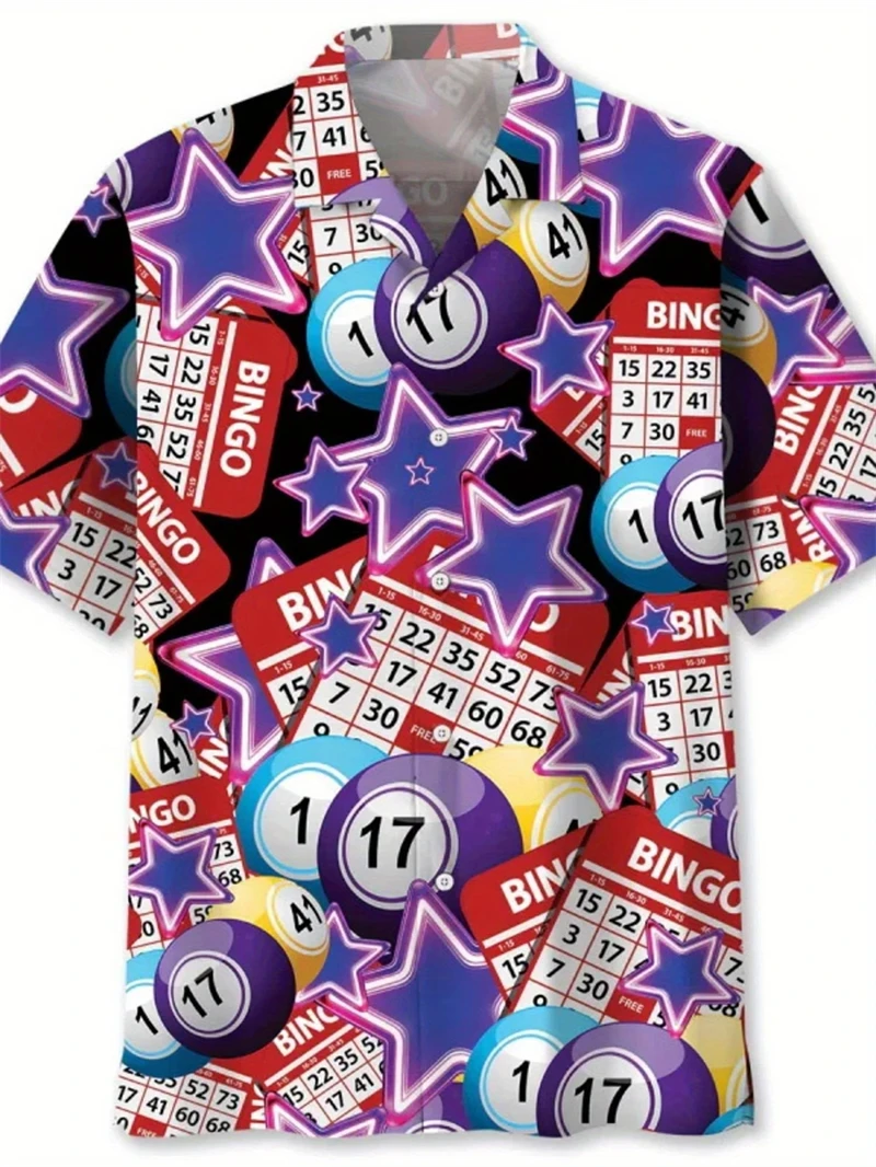 

Retro Bingo Game Full Print Mens Hawaiian Shirt New In Summer Short Sleeve Button Lapel Beach Blouse Casual Men's Aloha Shirt