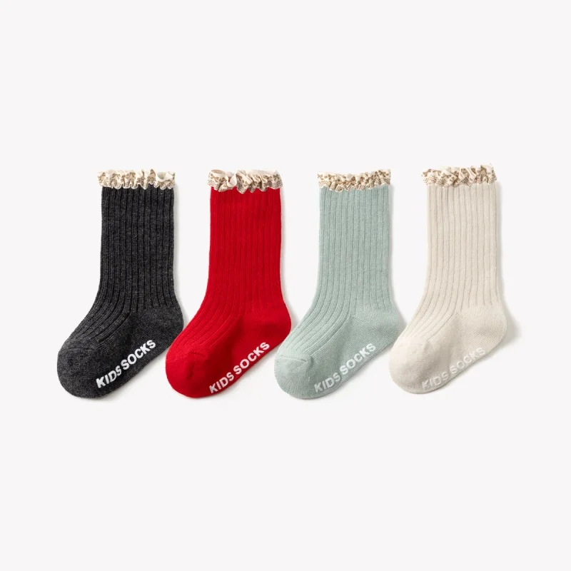 2026 Autumn 0-2Y Baby Girls Ribbed Mid Calf Socks Lace Ruffle Wide Loose Cuff Breathable 4PC And 6PC Multi Colors Toddler Socks
