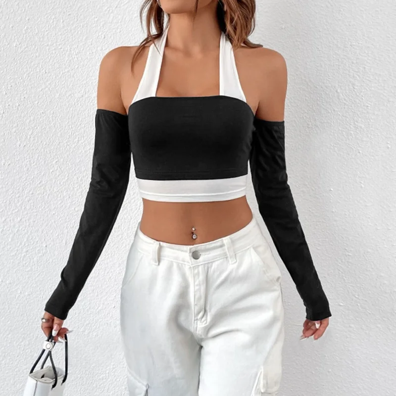 2026 Sommer-Stil Einfarbiges Sexy Hot Girl Off-Shoulder Hollow Vest Langarm Kurzes Neckholder-T-Shirt für Damen mit Kontrastfarben