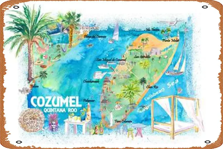 Vintage-Art Retro Cozumel Quintana Mexico Illustrated Travel Map with Roads and Highlights Retro Funny Metal Tin Sign Wall A