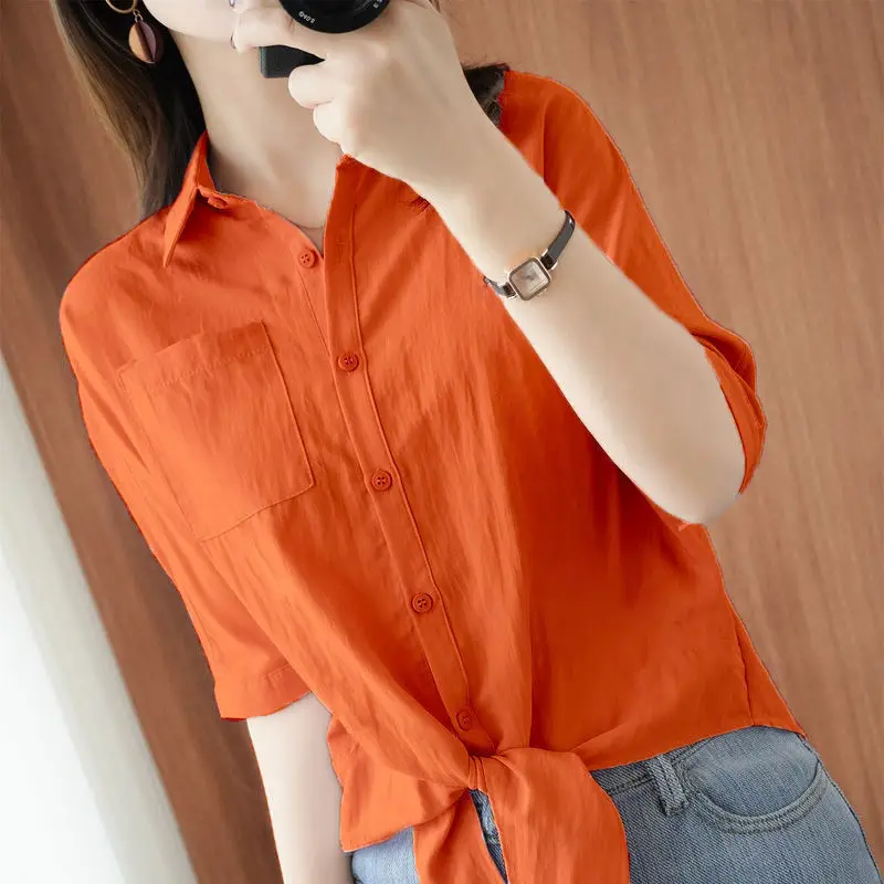 Frühling und Herbst Frauen Pullover Revers Einreiher Taschen knopf Dreiviertel Bandage Chiffon Shirt Mode Casual Tops
