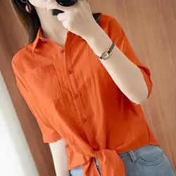 Spring and Autumn Women's Pullover Lapel Single Breasted Pocket Button Three Quarter Bandage Chiffon Shirt Fashion Casual Tops