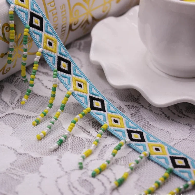 1 Yard Ethnisches Seidenquastenband, besticktes Spitzenband, Quasten für Schmuck, DIY, Boho, handgefertigt, zum Nähen, Kleidung, Spitzenbesatz – Detail 1