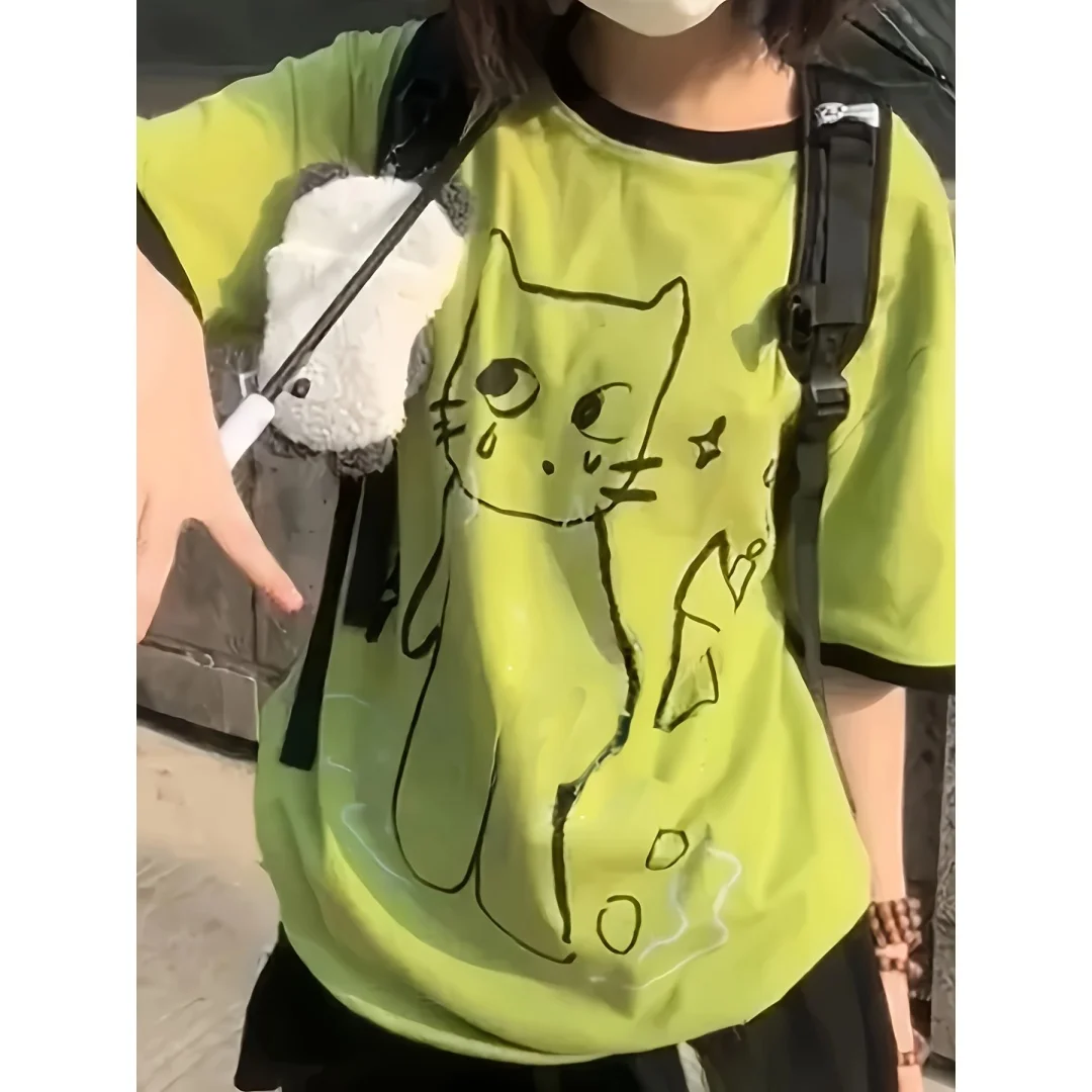Y2k Retro K Inspired Womens Lime Green Cat Geometric T-Shirt Summer Fashion Cotton Men's T-Shirt Kid's Clothing Tee Y2k Woman ﻿