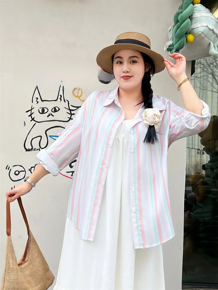 

Свободная корейская рубашка с защитой от солнца и полосками в виде узлов, для повседневной носки, больших размеров, женская одежда для ежедневной носки