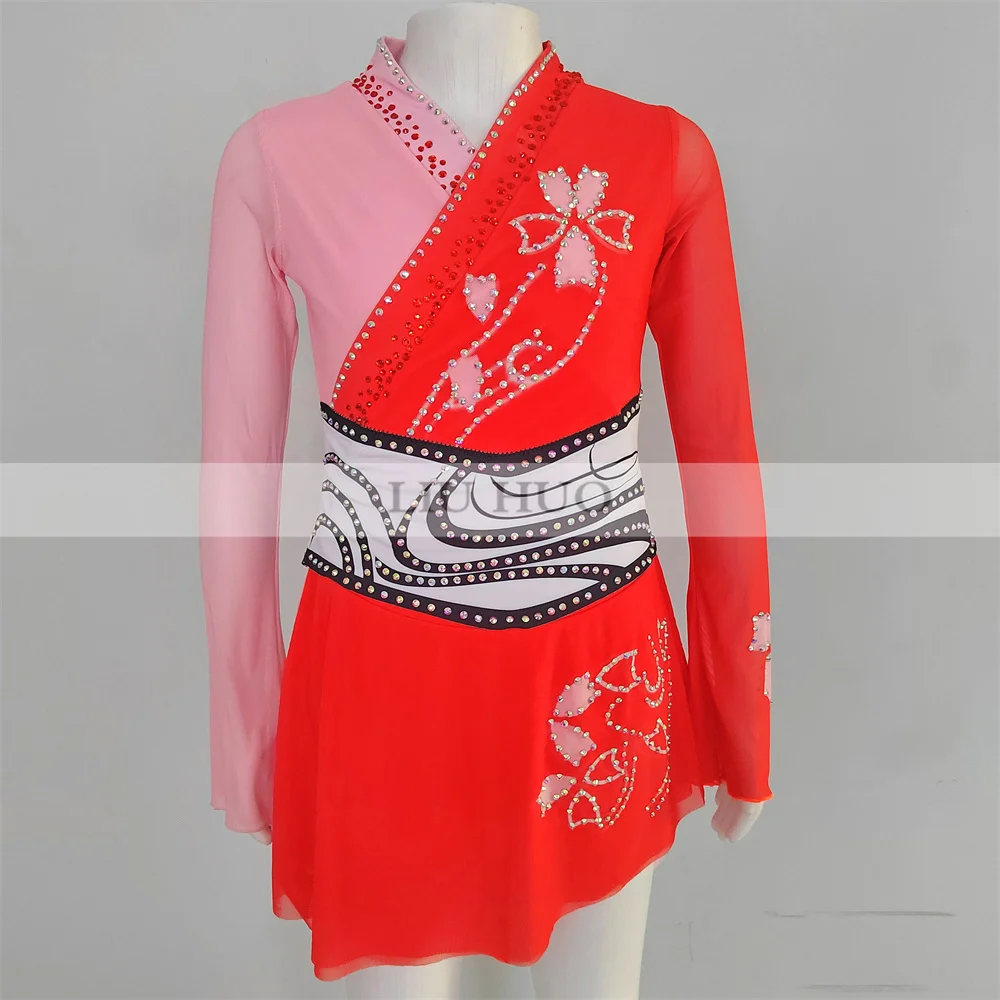 LIUHUO-vestido de patinaje artístico sobre hielo para mujer y niña, traje de leotardo de competición de gimnasia rítmica, Ballet moderno con rodillo rojo