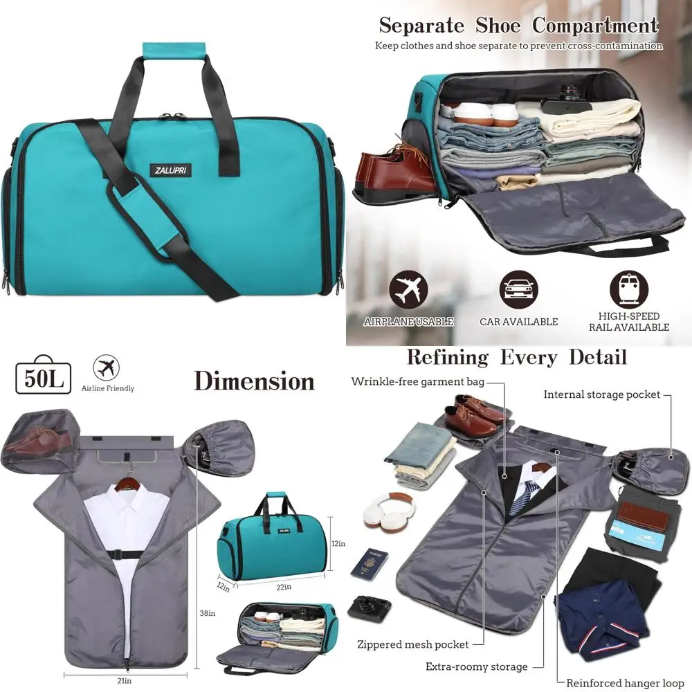 حقائب سفر واق من المطر للملابس، عطلة نهاية الأسبوع سعة 45 لترًا لرحلات يومين، خالية من التجاعيد، حجرة للأحذية #1