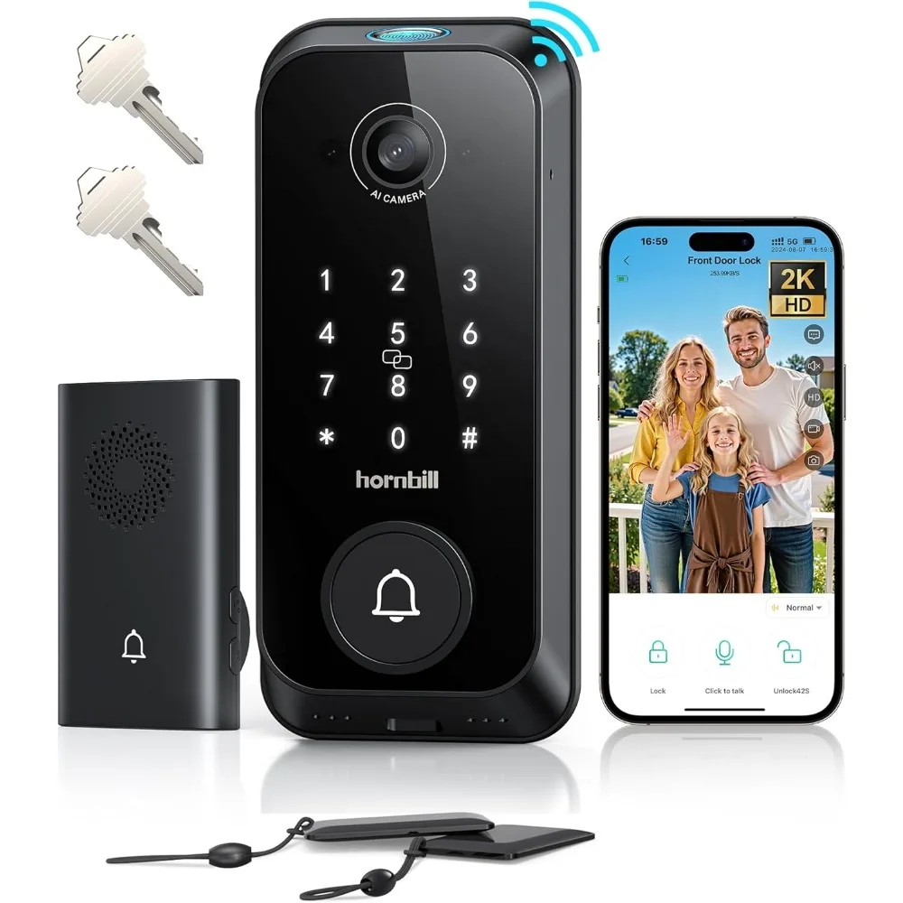 Fechadura inteligente de vídeo com câmera: anel 4 em 1 + câmera 2K + campainha + fechadura de porta de entrada sem chave com impressão digital, fechadura WiFi integrada